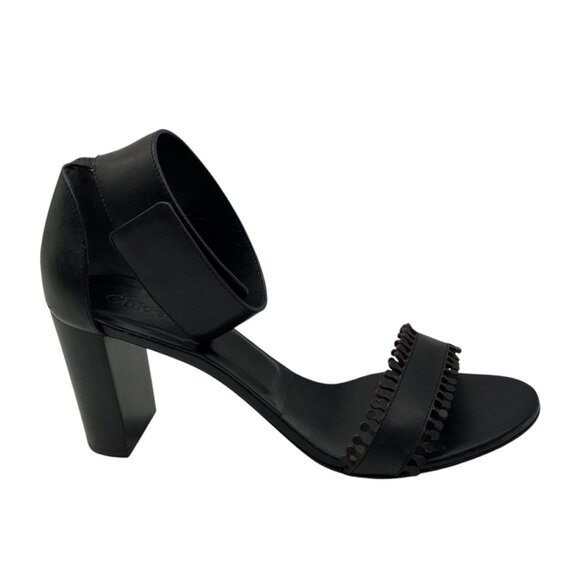 Chloe Black Scalloped Leather Ankle Strap Sandals - Picture 2 of 7